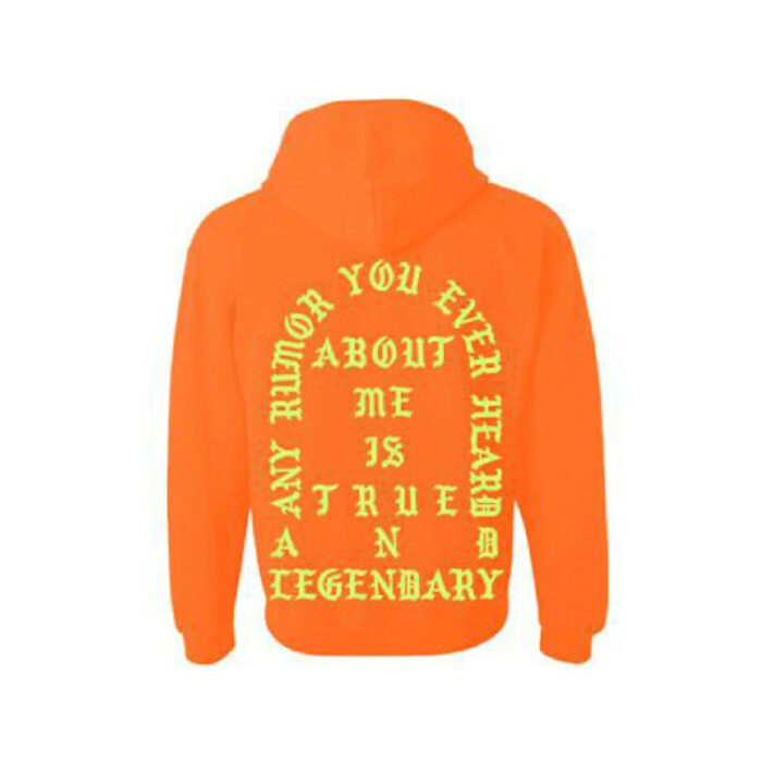 An orange hoodie featuring the iconic Pablo graphic, emblematic of Kanye West's influence and urban style.
