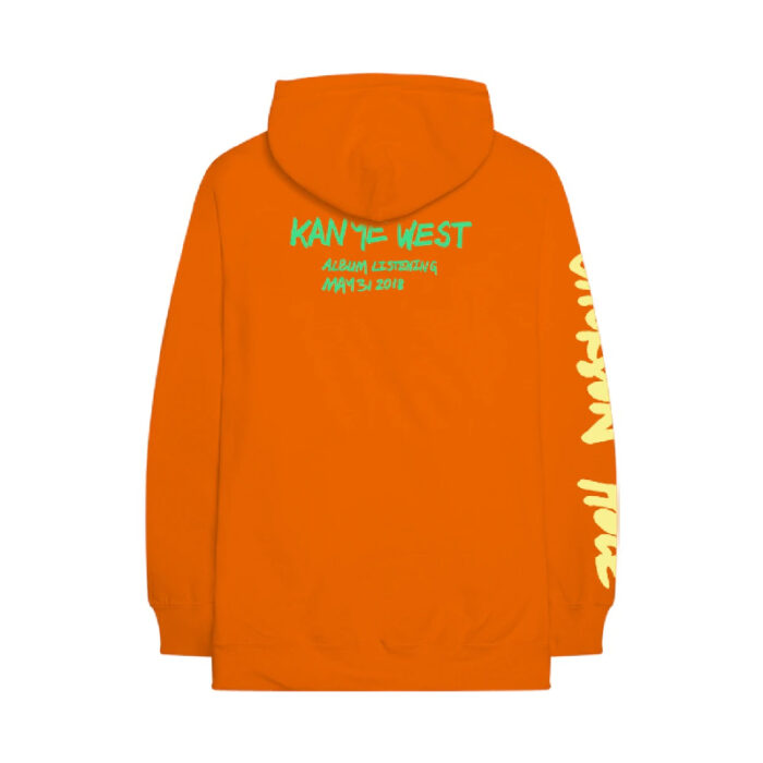 An orange hoodie with 'Wyoming' text, reflecting Kanye West's iconic Wyoming-themed merchandise.