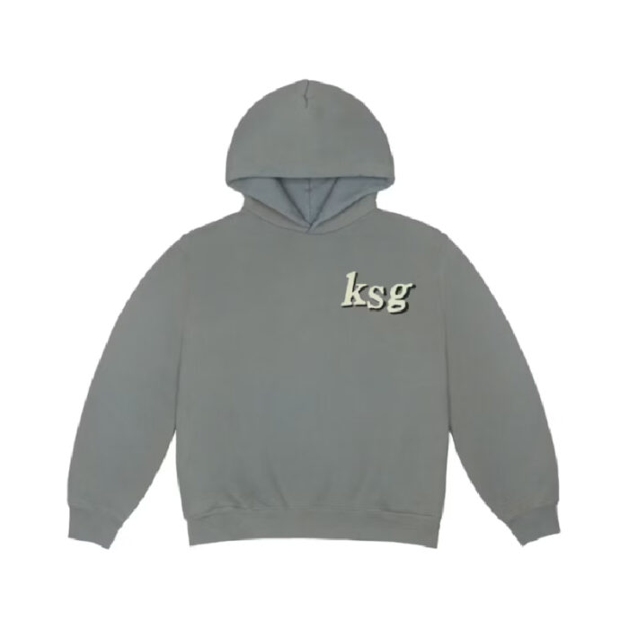 A glacier-colored Kids See Ghosts (KSG) hoodie, featuring the album's iconic artwork and bold lettering.